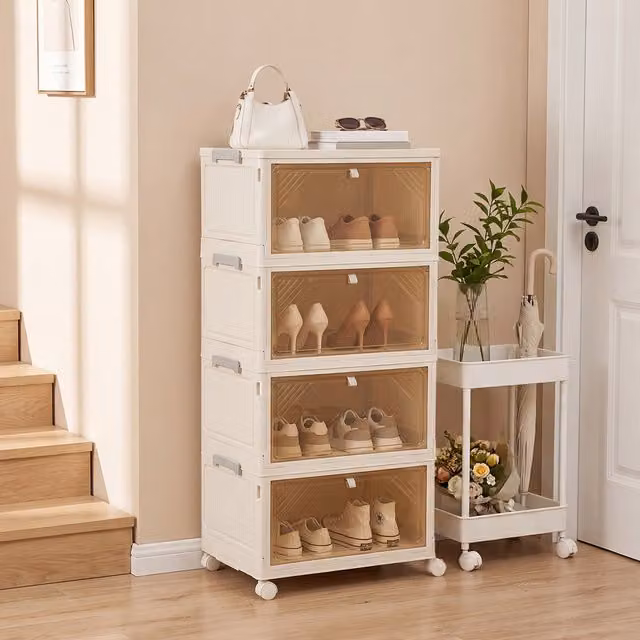Lifeideas Foldable Shoe Cabinet with Wheels in White/Beige, Width: 83 cm