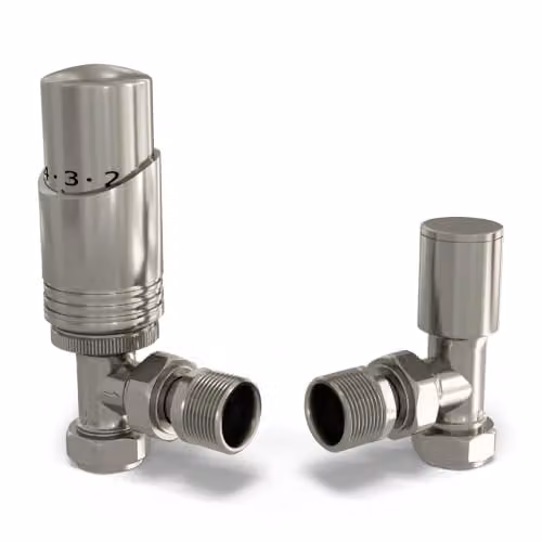 UK Radiators Talus Bold Angled Thermostatic Radiator Valve and Lockshield Set in Polished Silver Nickel – 1