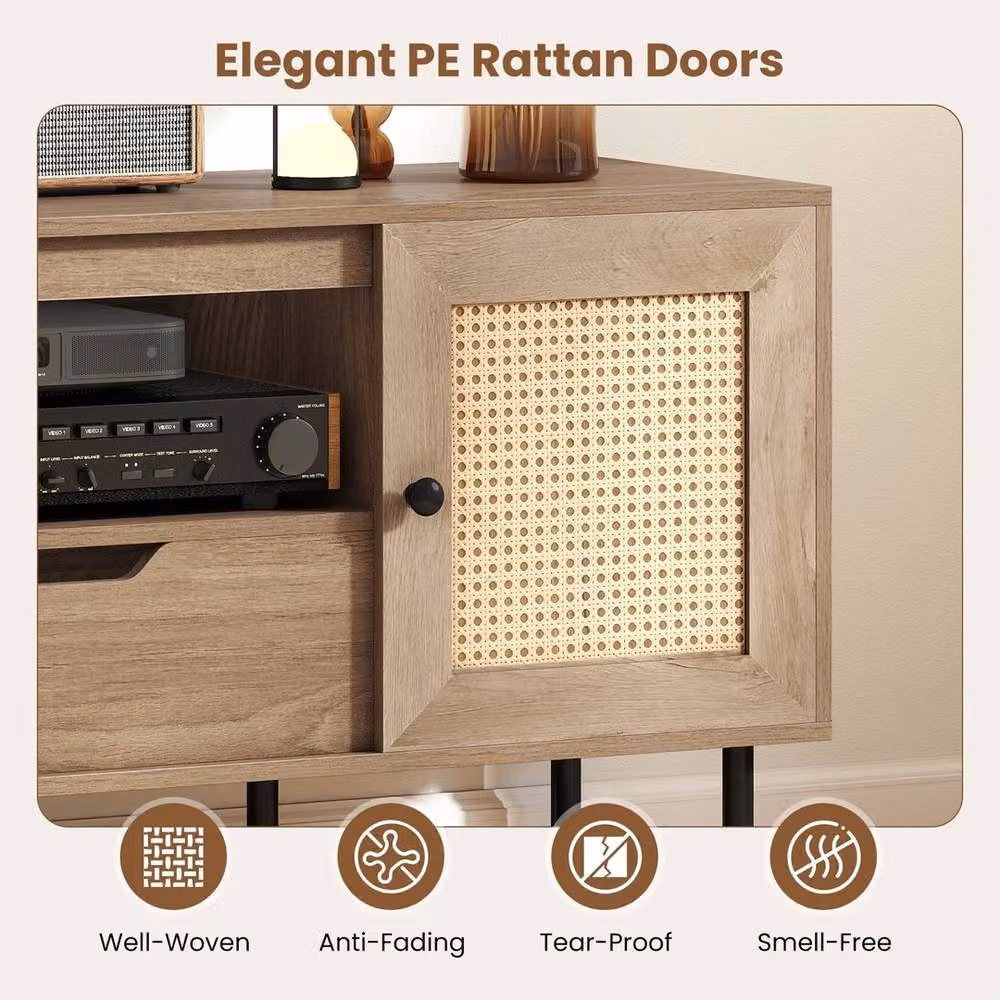FORGEVIO Boho Rattan TV Stand in Brown for 60 Inch TVs with Media Compartments and Drawer, W/D/H: 149.8 x 96.5 x 38.0 cm – 3