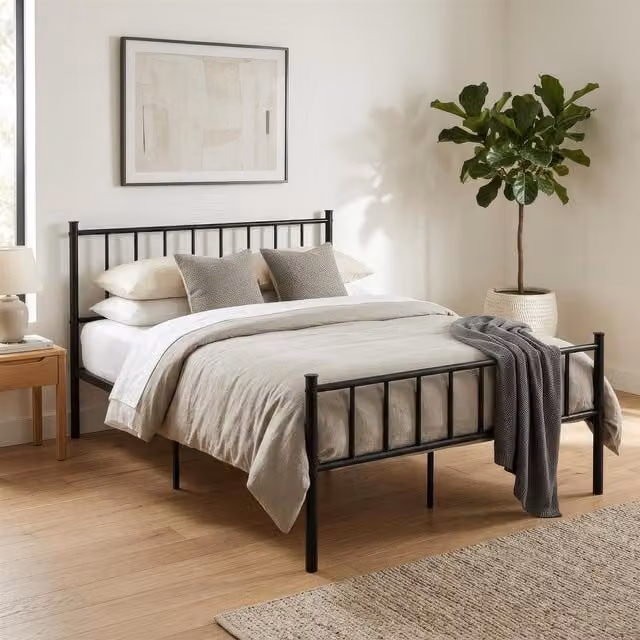 Harbour Housewares Minimalist Metal Double Bed Frame in Black, W/D/H: 140 x 200 x 36 cm