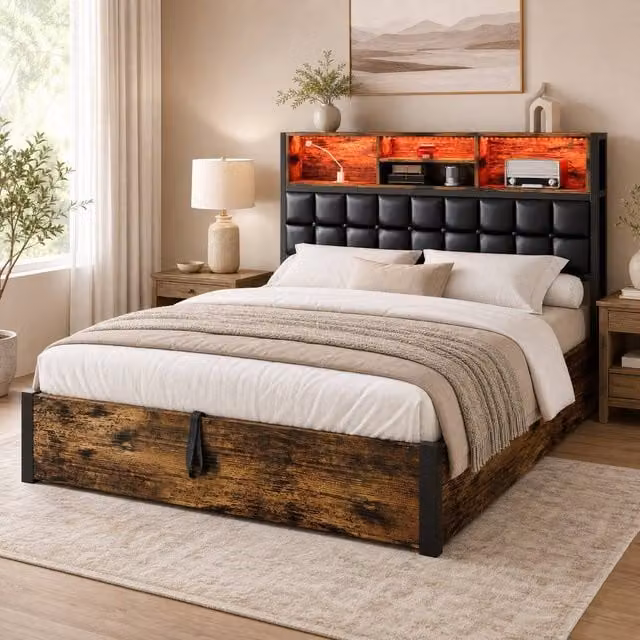 STILVORA Double Hydraulic Bed with USB Charging Port and LED Under-Bed Lighting in Brown, W/D/H: 140 x 200 x 135 cm – 1