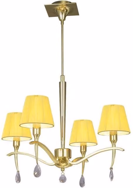 Netlighting Siena 4-Light Pendant Ceiling Lamp in Polished Brass with Amber Cream Fabric Shades and Crystal, Diameter: 55 cm