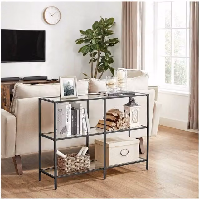 VASAGLE 3-Tier Modern Rectangular Console Table with Tempered Glass and Metal Frame, Black