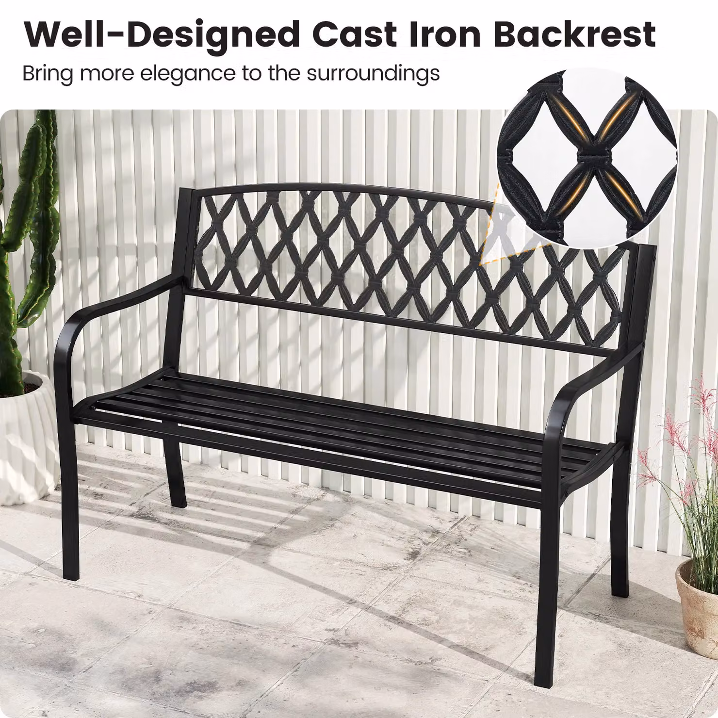 Gymax Heavy-Duty Metal 2-Seater Garden Bench in Matt Black – 8