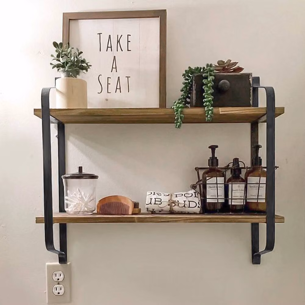 KORVIXA 2 Tier Industrial Pipe Metal Wall Floating Shelf Storage in Black, Width: 90 cm – 2