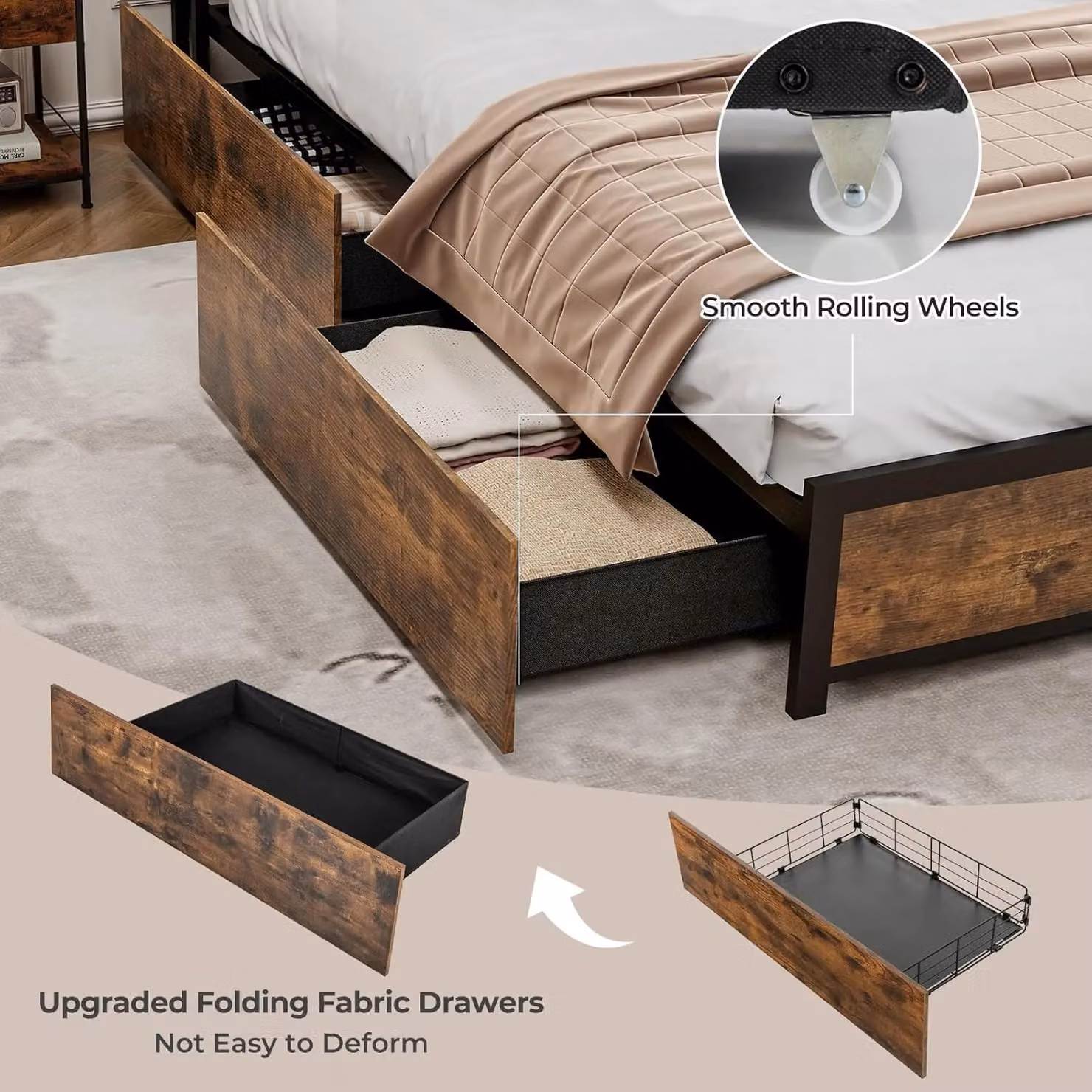 Gymax King Size Metal Bed Frame in Brown with LED Lights, USB Charging Port, Bedside Shelf and Drawers, 180 x 200 cm – 3