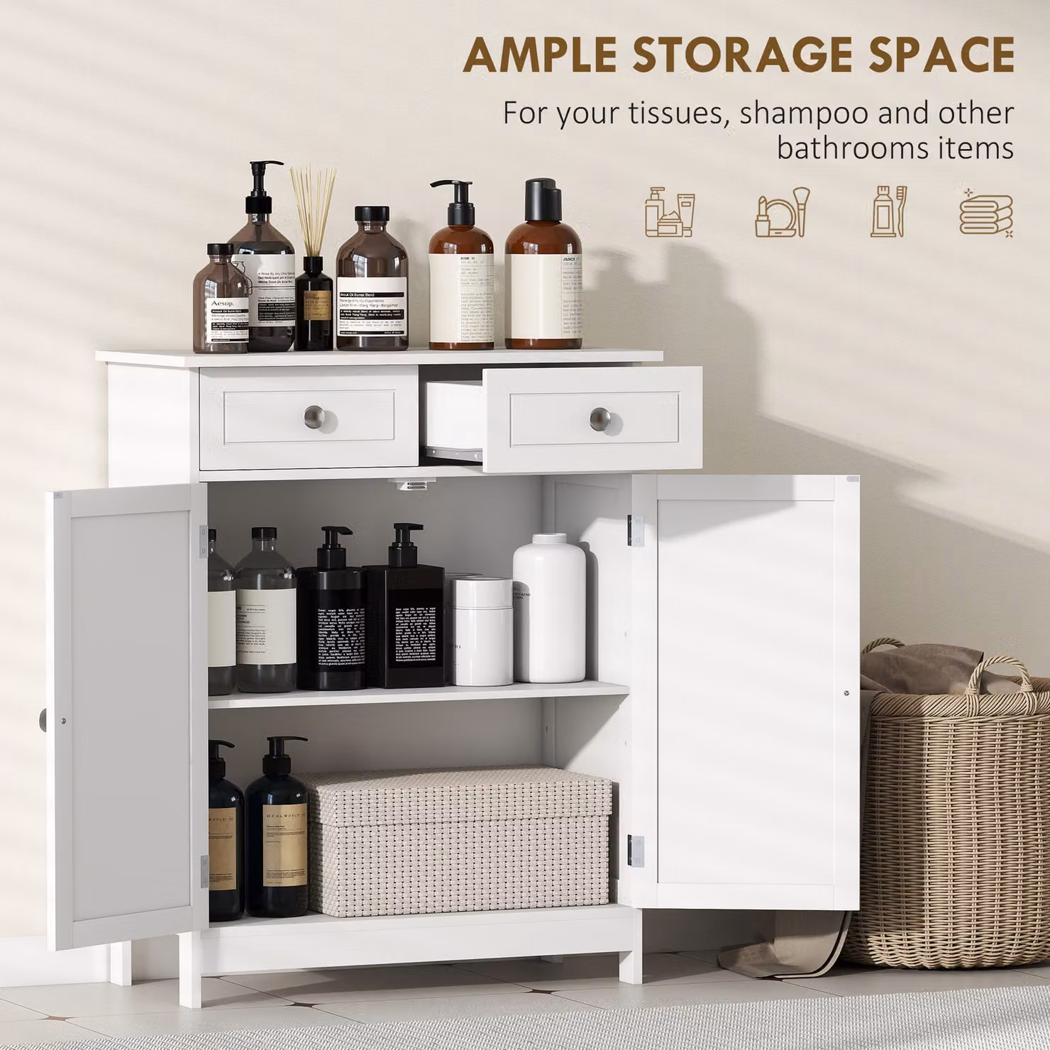 kleankin Free-Standing Bathroom Storage Cabinet with 2 Drawers and Adjustable Shelf, White, W: 60 cm, D: 60 cm, H: 75 cm – 3