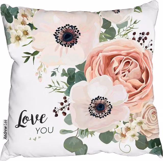 Andrew Lee Floral Garden Cushion with Pink Peach Rose and White Anemone, Pink and White, W: 60 cm, H: 60 cm, D: 60 cm
