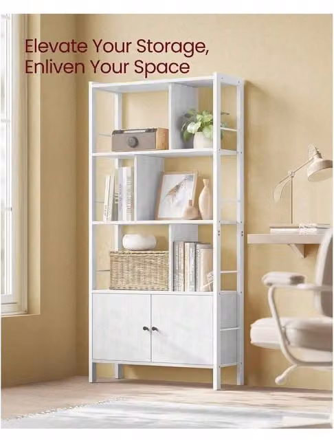 VASAGLE White Industrial Bookshelf and Storage Shelf with Doors