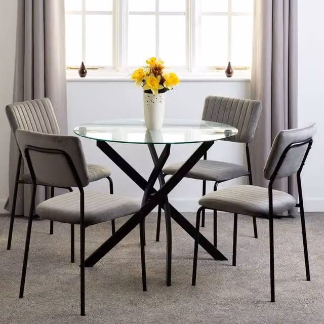 Seconique Sheldon Round Glass Top Dining Set with 5 Chairs in Grey Velvet