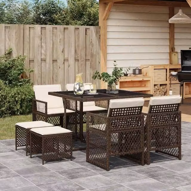 Berkfield Home 9 Piece Brown Poly Rattan Garden Dining Set with Cushions and Glass Tabletop