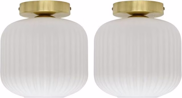 First Choice Lighting Set of 2 Bento White Ribbed Glass and Satin Brass Ceiling Light Fittings