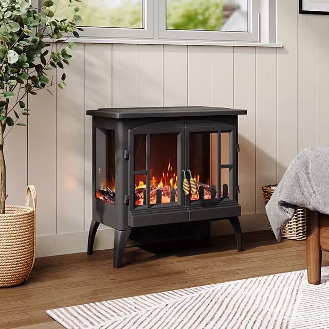 Livingandhome Freestanding Electric Fireplace Heater with Adjustable Flame Brightness in Black and Gold