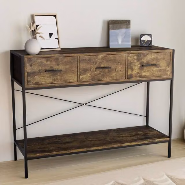 Pirlo Plush 3 Drawer Industrial Console Table in Brown