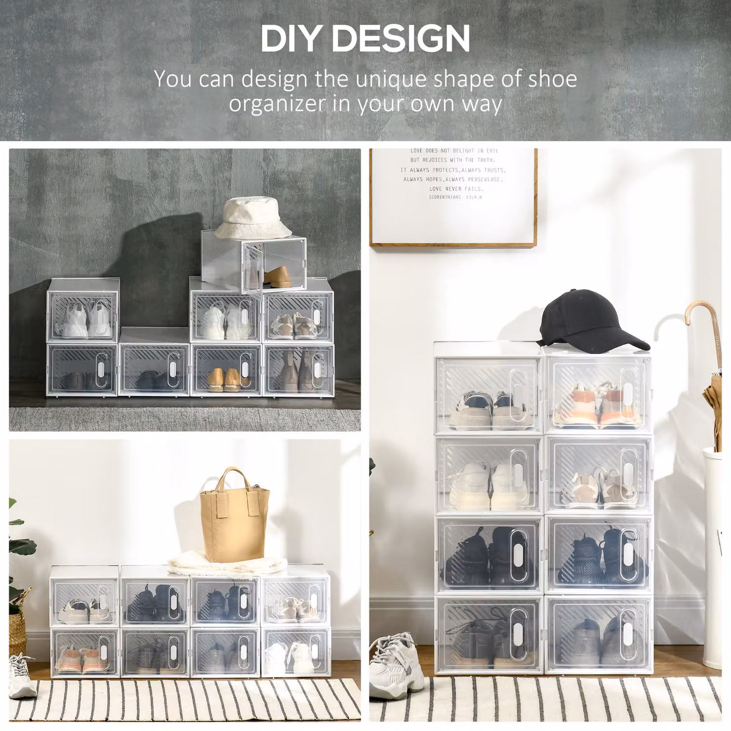 HOMCOM 8-Piece Transparent Plastic Stackable Shoe Storage Boxes with Magnetic Doors, W/D/H: 25 x 35 x 19 cm – 3
