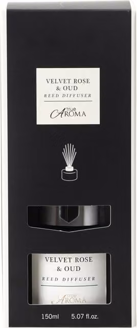 True Aroma Modern Reed Diffuser in Black with Velvet Rose and Oud Floral and Woody Scents