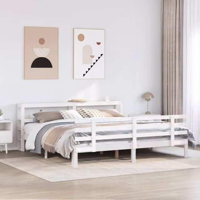 Berkfield Home White Pine Bed Frame with Headboard and Side Compartments W/D/H: 200 x 200 x 82 cm