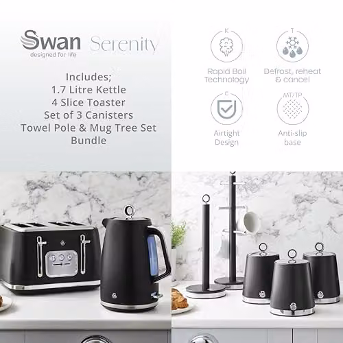 Swan Serenity Complete Essentials Kitchen Set in Black, including 1.7L Rapid Boil Kettle, 4 Slice Toaster, 3 Canisters, Towel Pole and Mug Tree, EEJB479 – 2