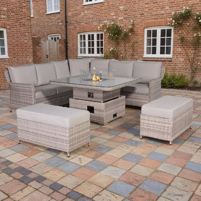 Furnishings For Less UK Rattan Garden Corner Sofa Set with Rising Fire Pit Table and Bench in Grey – 1