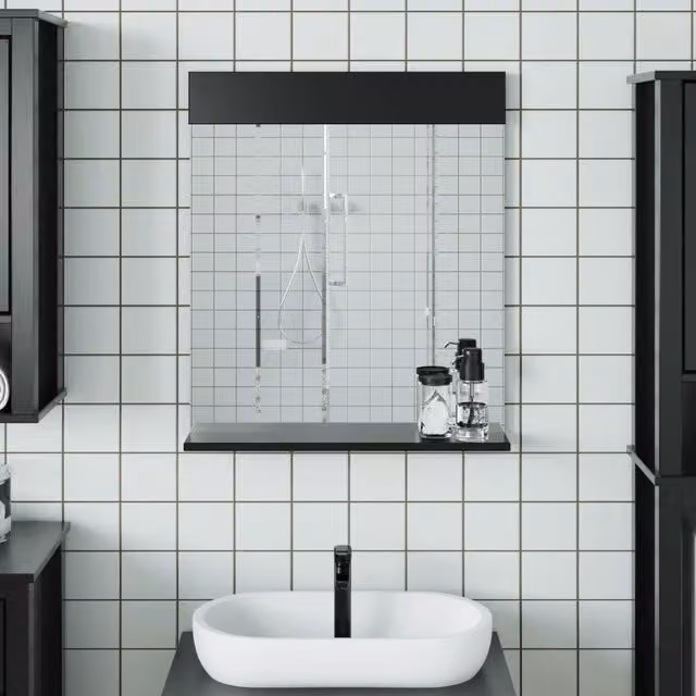 Berkfield Home BERG Black Bathroom Mirror with Shelf in Solid Rustic Pine, W/D/H: 60 x 12 x 70 cm