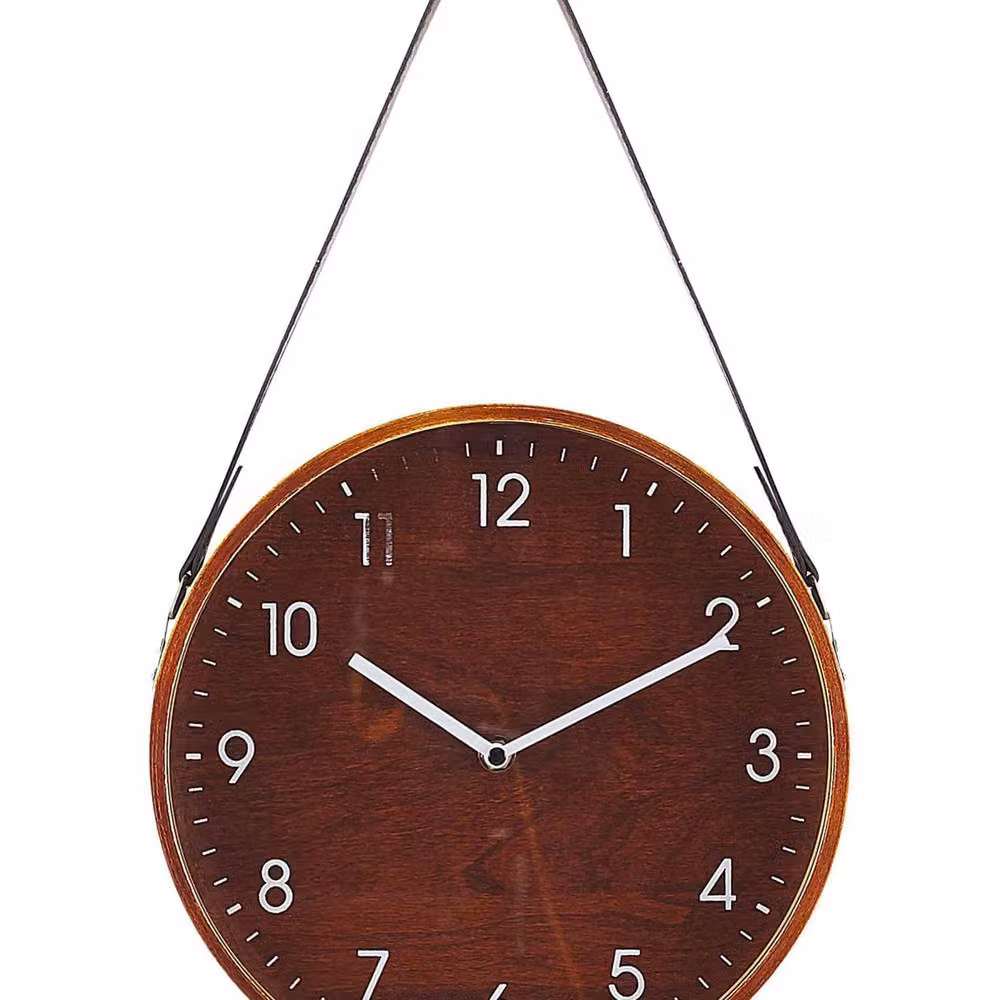 Wyld and Coco Heritage Home Round Analog Wall Clock in Brown with Faux Leather Hanger, Diameter: 26 cm – 2