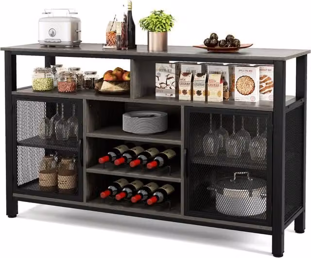 Costway Grey Industrial Wood Wine Bar Cabinet Buffet Sideboard