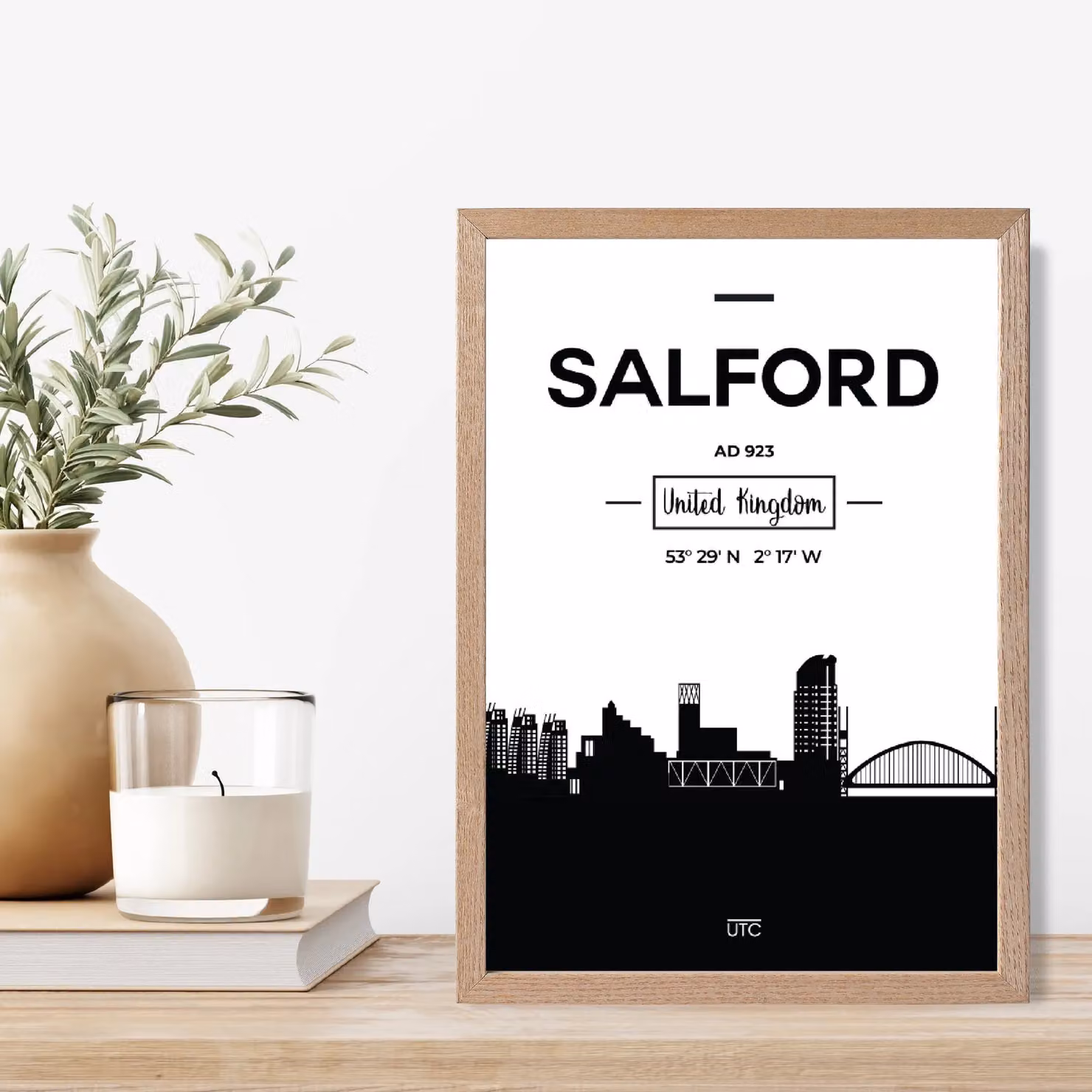 ARTZE Salford Black and White City Skyline Framed Print with Oak Frame, A3 – 2