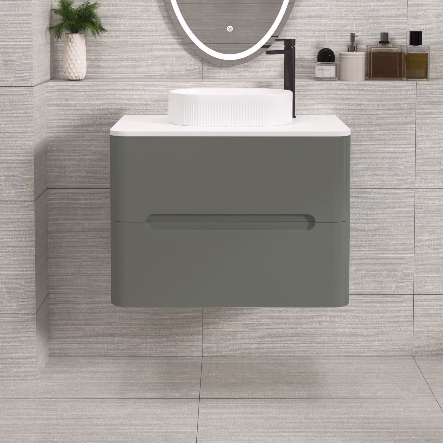 Royal Bathrooms Venice Wall Hung Vanity Unit with 2 Drawers and Plain White Undrilled Worktop in Sage Green