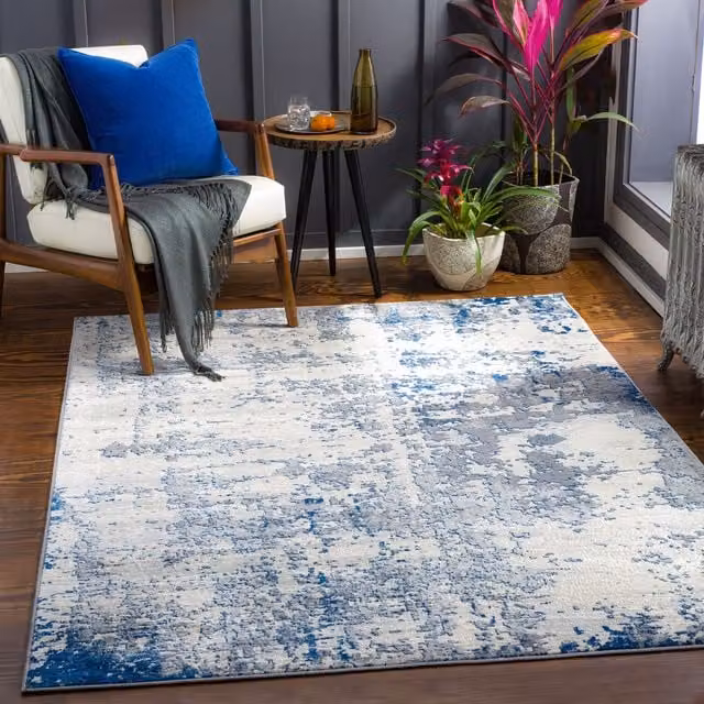 Livabliss Monaco Abstract Modern Marble Wool Rug in Grey and Blue, W: 200 cm, D: 290 cm