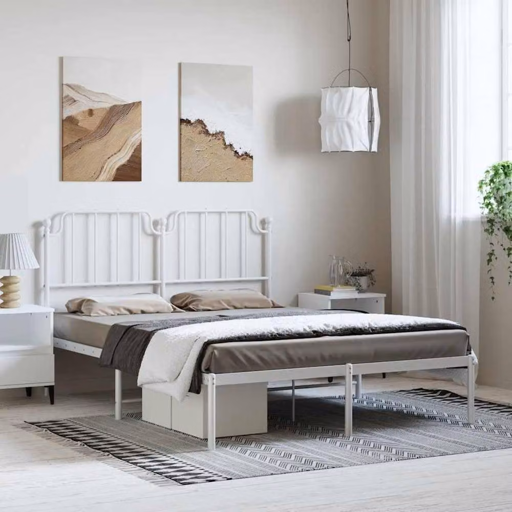 Berkfield Home Metal Bed Frame with Headboard in White, W/D/H: 150 x 200 cm – 2