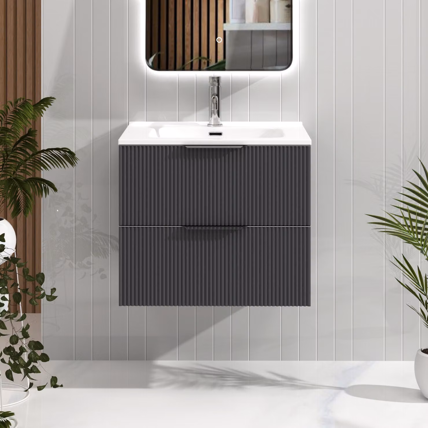 Royal Bathrooms Evora 700mm Graphite Grey Fluted Wall Hung 2 Drawer Vanity Unit with Ceramic Basin