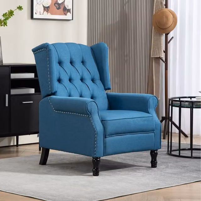 HOMCOM Classic Blue Fabric Wingback Recliner Armchair with Button Tufted Back and Integrated Armrests