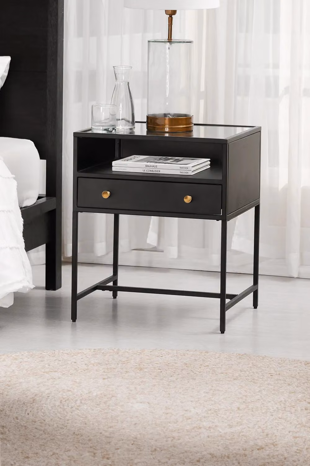 MH London Hale Bedside Table with Drawer and Open Storage Shelf in Black and Gold Metal and Toughened Glass – 3