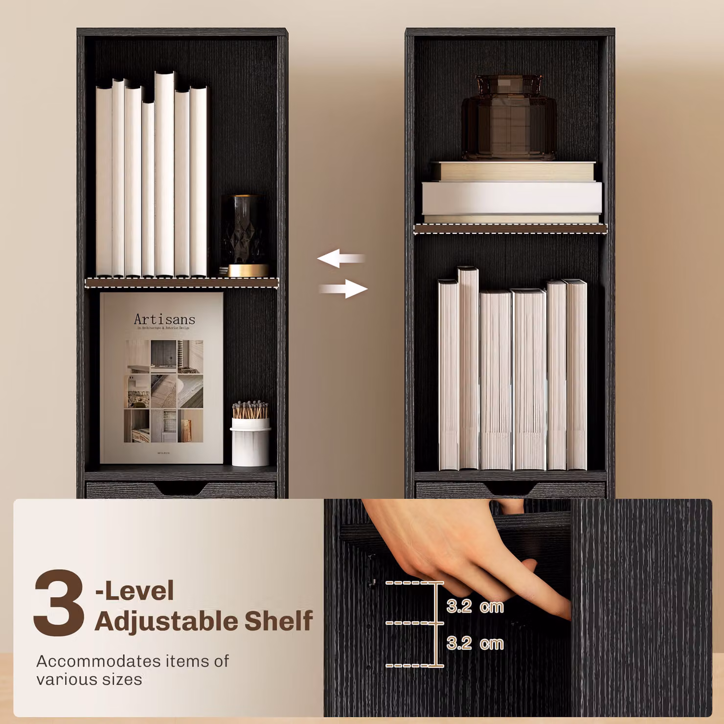 HOMCOM 6-Tier Tall Narrow Black Bookcase with Drawer and Door – 5