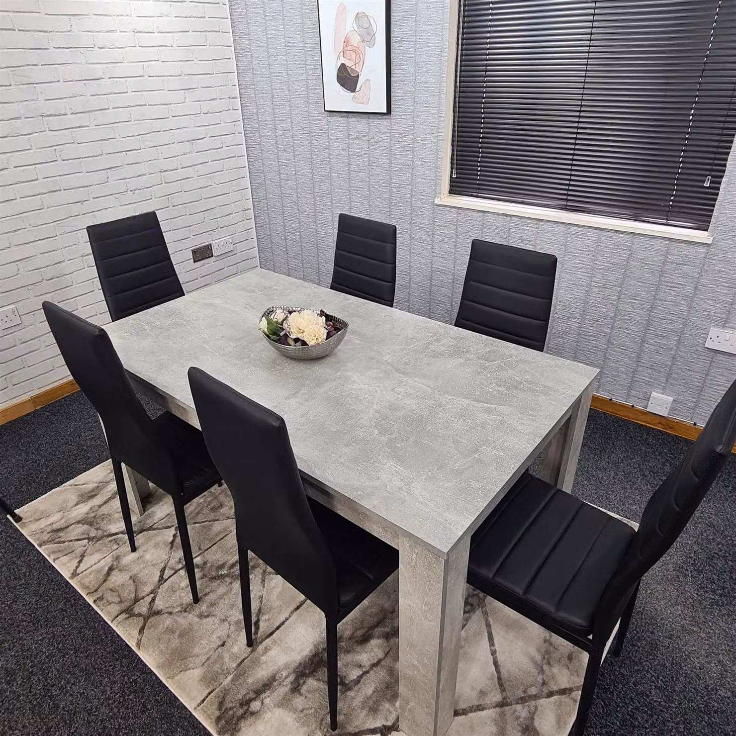 KOSY KOALA Stone Grey Effect Dining Table Set with 6 Black Chairs and Brown Accents – 2