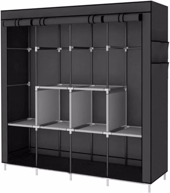 KORVIXA Black Fabric Canvas Wardrobe with Clothes Hanging Rail W/D/H: 100 x 100 x 100 cm