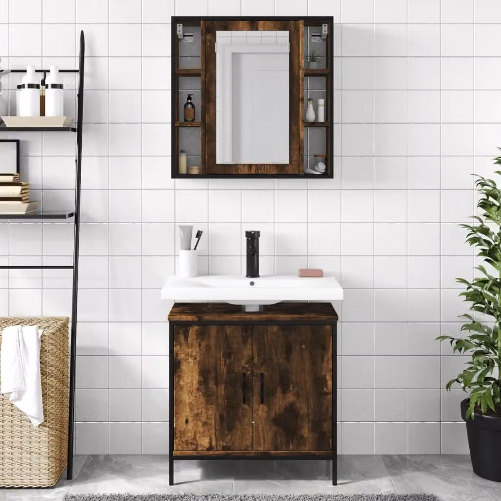 Berkfield Home 2 Piece Brown Smoked Oak Bathroom Furniture Set with Mirror Cabinet and Vanity Unit – 3