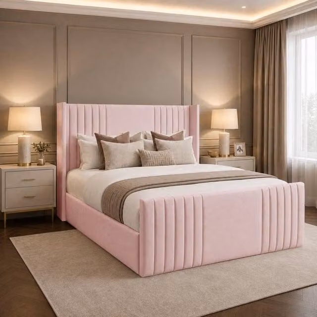 Desire Deco Carolyn Pink Plush Velvet Upholstered Wingback Panel Bed Frame, W/D/H: 120 x 200 cm