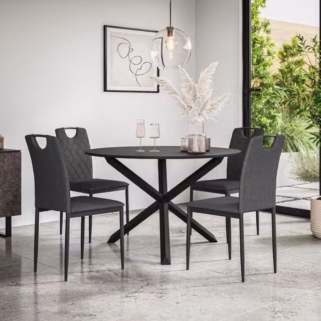 More4Homes Malvern Round Dining Table and 4 Monza Fabric Chairs Set, Black Table Top with Solid Oak Legs and Charcoal Grey Chairs, Diameter: 120 cm, Height: 75 cm – 1