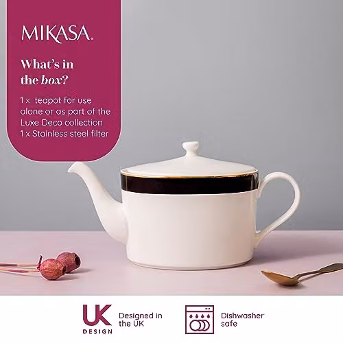 Mikasa Luxe Deco White and Gold Geometric Bone China Infuser Teapot, 1.1 l – 2