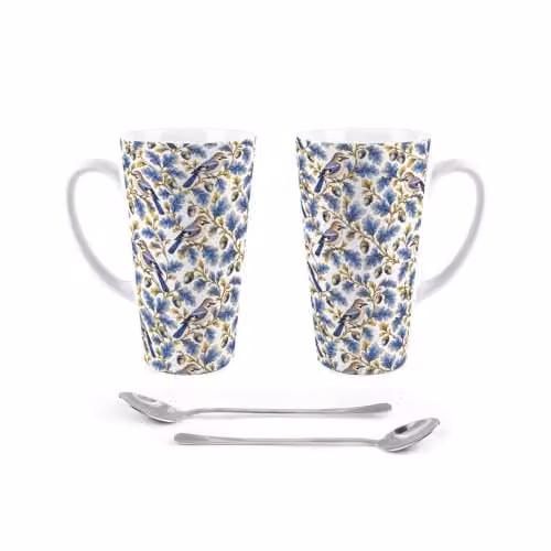 Purely Home Ornate Blue and Gold Floral Ceramic Latte Mug and Spoon Gift Set for Adults – 3