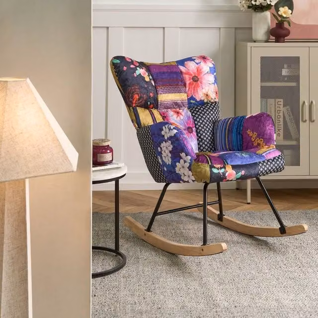 Wyld and Coco Multicolour Velvet Floral Shell Rocking Chair with Armrests and Rubberwood Legs – 1