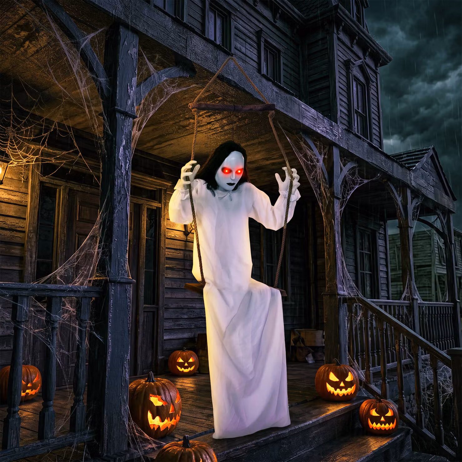 HOMCOM 170cm Animated Hanging Swing Ghost Halloween Decoration with Sound Touch Activation in Black, White and Red – 2