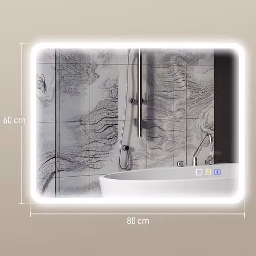 HOMCOM LED Bluetooth Bathroom Mirror, Silver and White, W: 60 cm, H: 80 cm, Dimmable and Shatterproof – 7