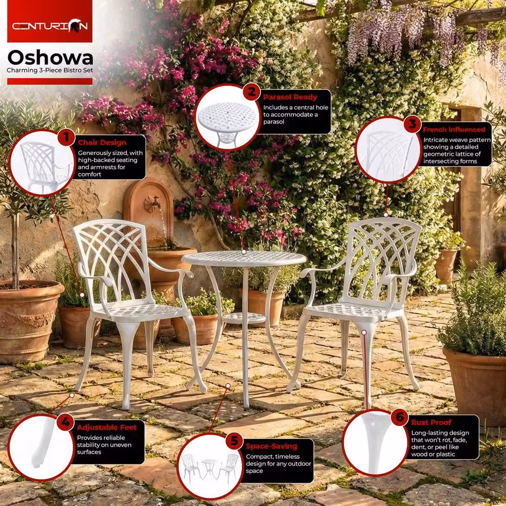 Centurion Supports OSHOWA White Powder Coated Aluminium Bistro Set with Round Table and 2 Armchairs – 4