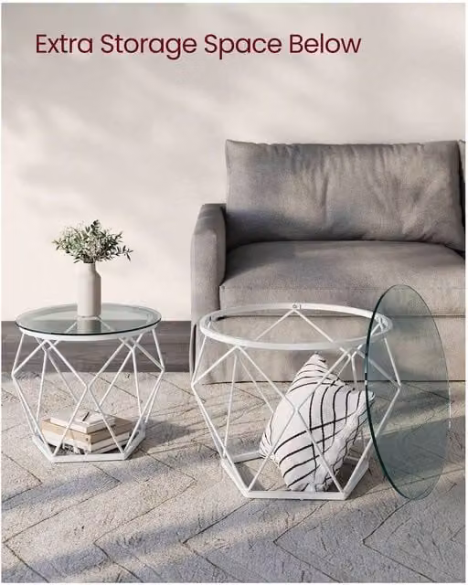 VASAGLE Set of 2 Modern Round Nested Coffee Tables with Transparent Glass Tops and White Metal Frames