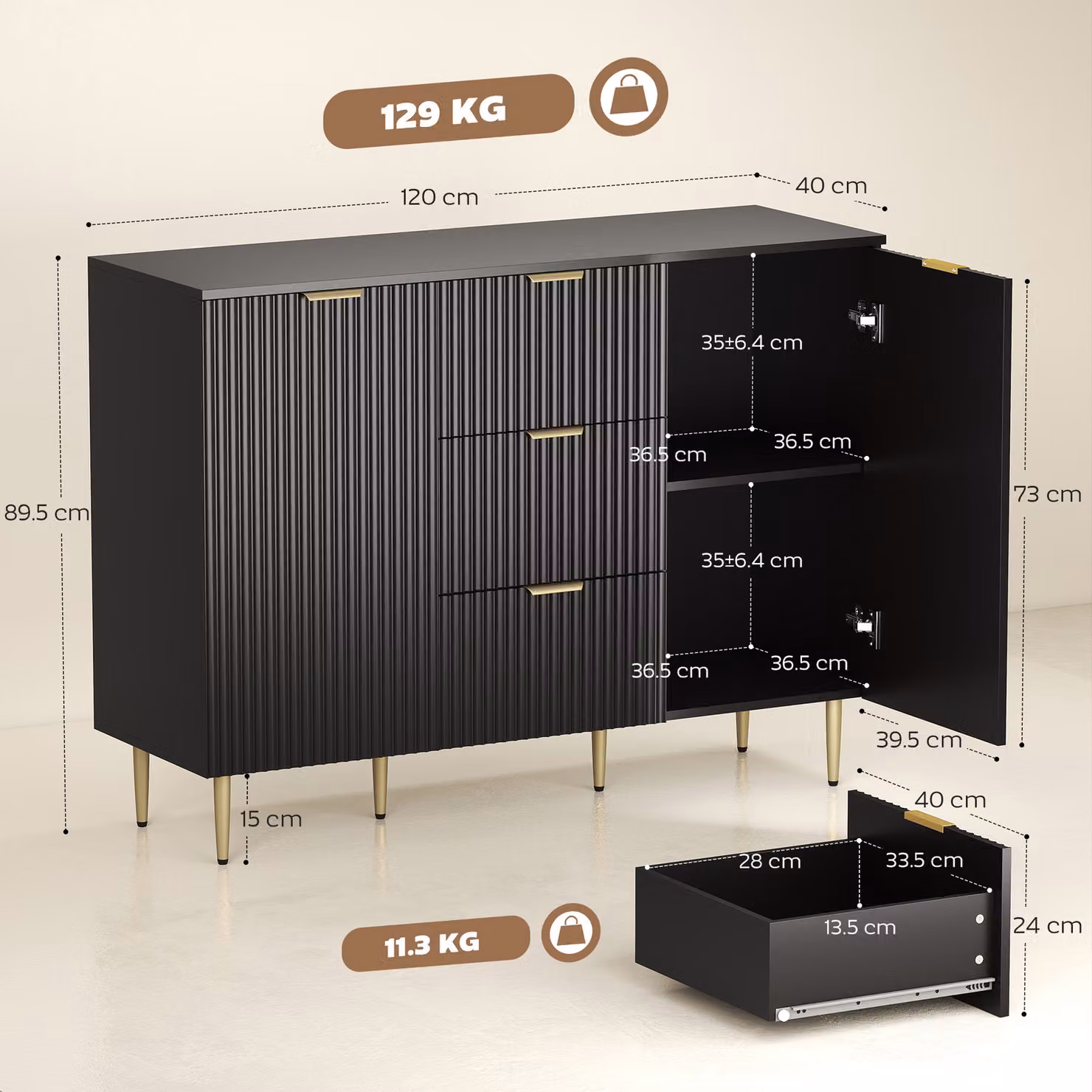 HOMCOM Modern 2-Door Sideboard with 3 Drawers and Adjustable Shelves in Black and Gold – 3