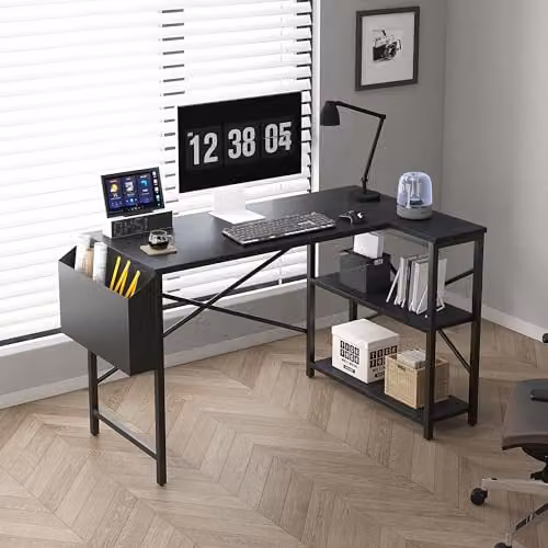 MCC Direct Lotus L-Shaped Corner Computer Desk with Adjustable Shelves, Black, W: 100 cm
