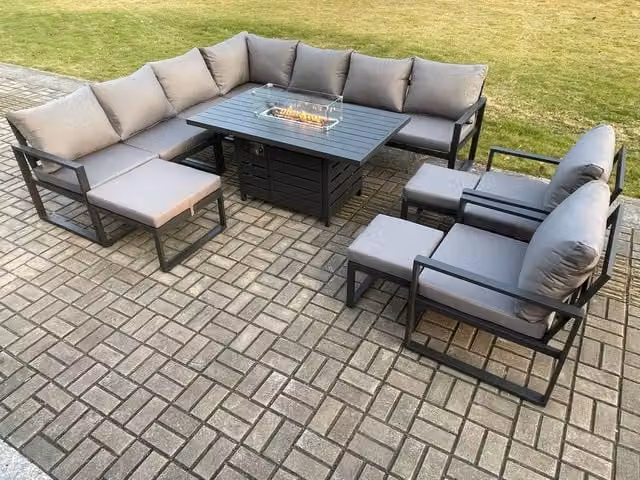 Fimous Aluminium Lounge Corner Sofa Garden Furniture Set with Gas Fire Pit Dining Table, 2 Chairs and 3 Footstools in Dark Grey
