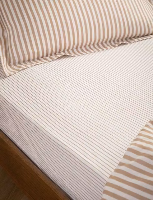 YARD Hebden Striped Pure Cotton Fitted Sheet, Natural Mix, W: 200 cm x D: 200 cm